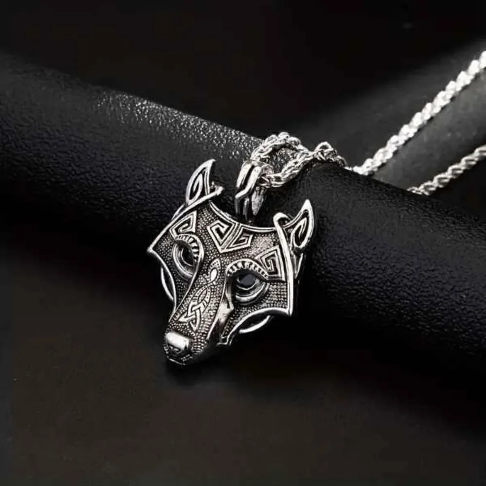 Viking Fenrir Wolf Head Stainless Steel Emerald Eye Pendant Necklace